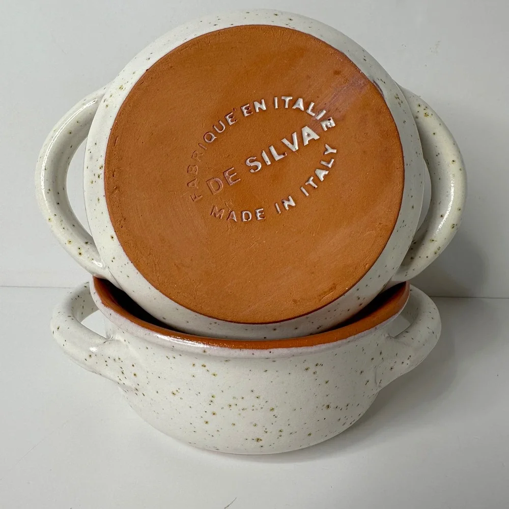 2 De Silva Italy Glazed Speckled Terracotta Soup Bowls Double Handles Farmhouse